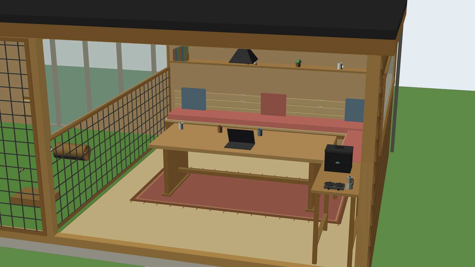 The lounge in version 1: a corner bench, a dining table, books on the shelf and a coffee bar with a moka pot