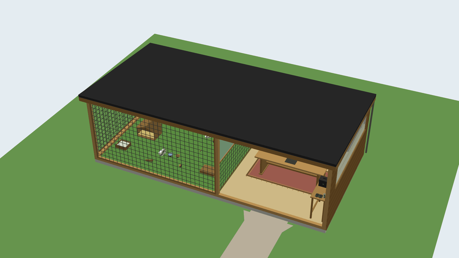 Version 1, March: an 8 × 4 metre shed. On the left the rabbits behind mesh, on the right a lounge for us