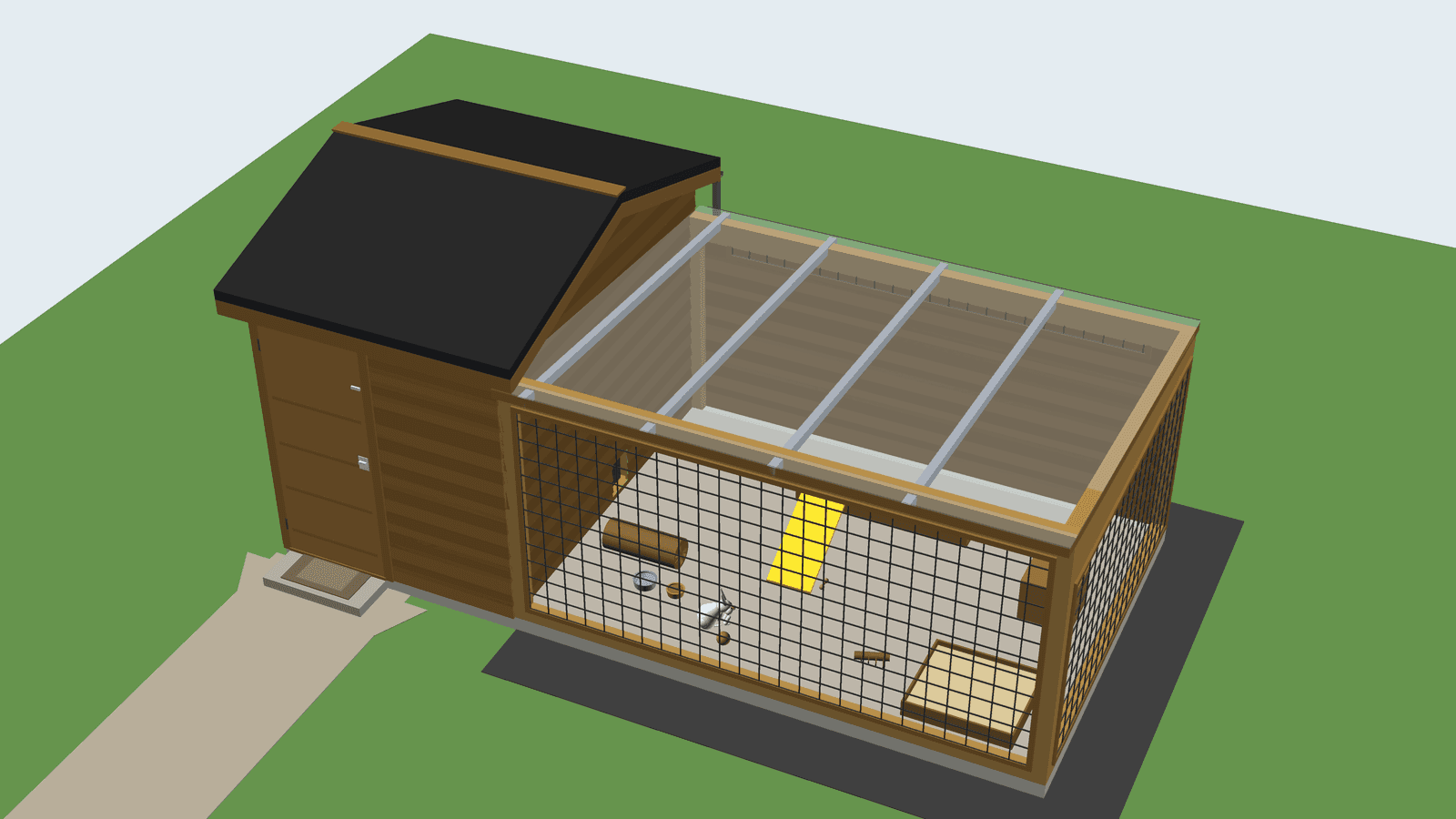 Version 2, April: a house with a gable roof and a run with a clear roof