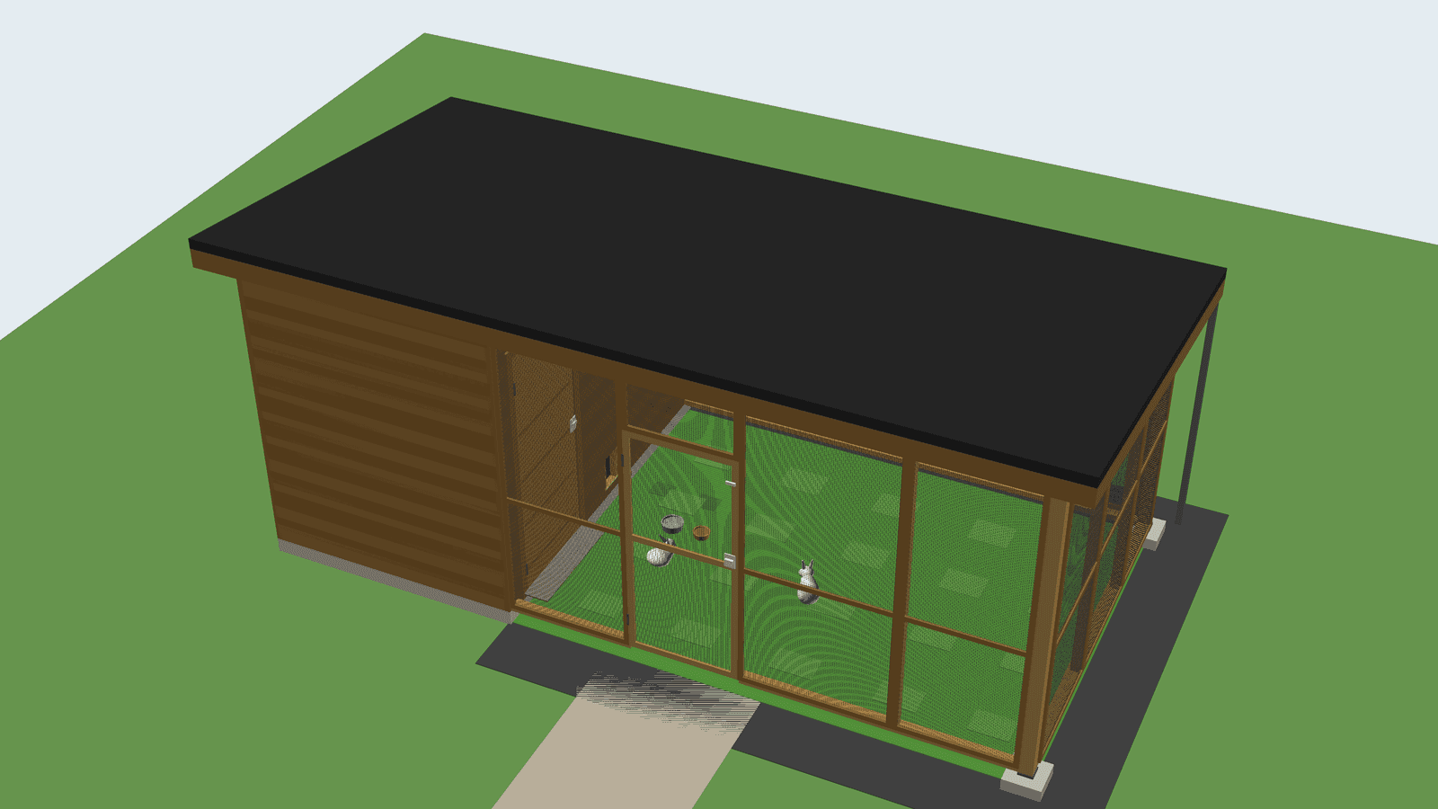 Version 3, May: one long sloping roof over everything, and the run has walls of mesh only
