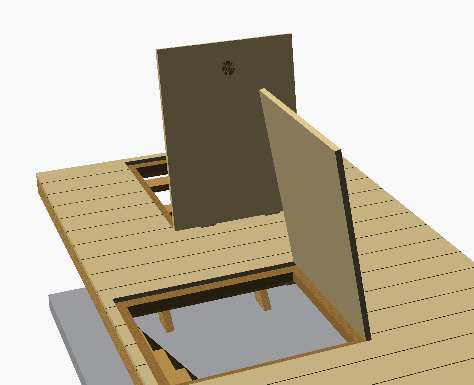 3D-tegning af gulvet med to lemme ned til kælderen