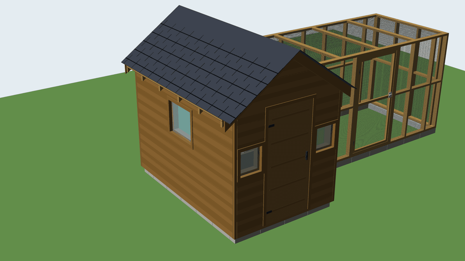 July: a gable roof with slate and a small window on each side of the door. The two windows were never built