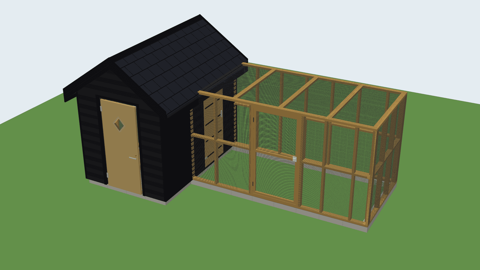 The house as it stands now, and the run that will be built against it: 4 × 2 metres with mesh walls and a mesh lid